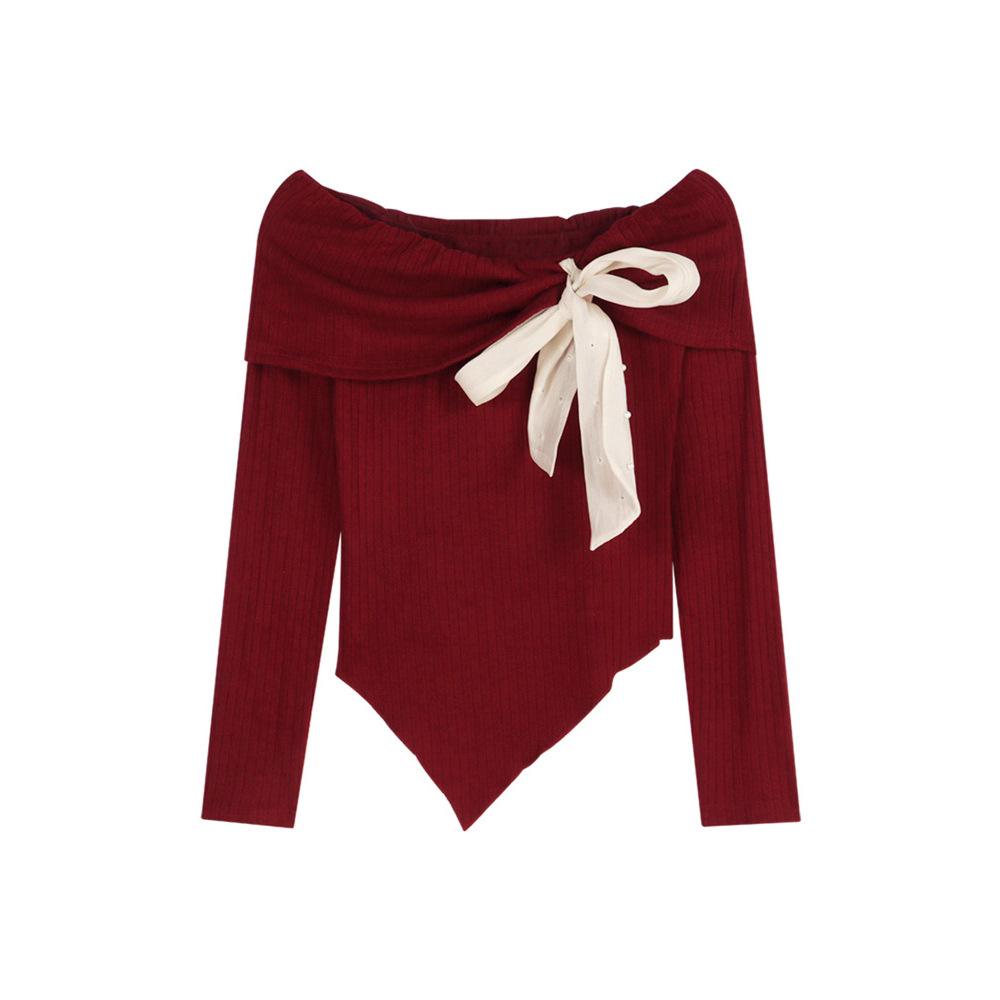 Off-the-shoulder knitted pullover with bow, long sleeve