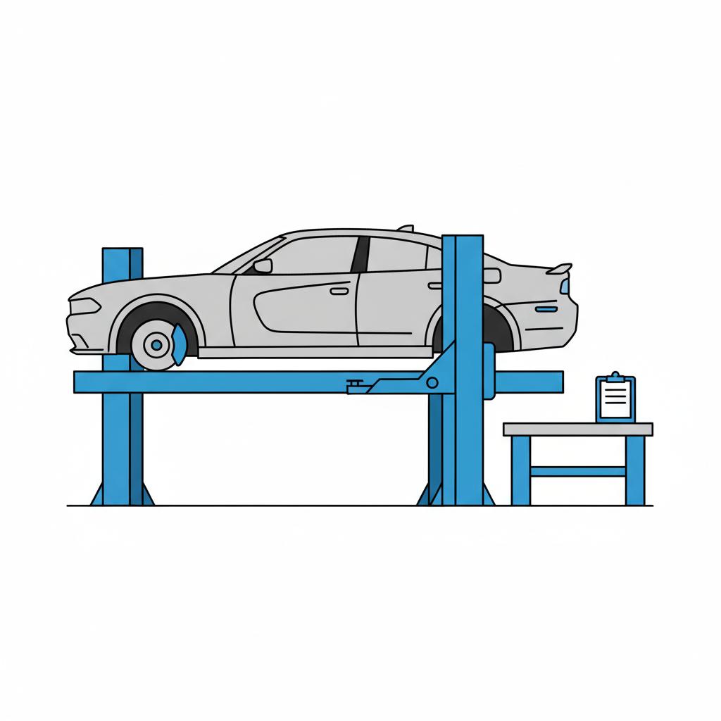 Minimalist 2D vector of a dodge charger for sale on a lift with left wheel removed showing brakes and a blank clipboard on a nearby workbench white background blue accents