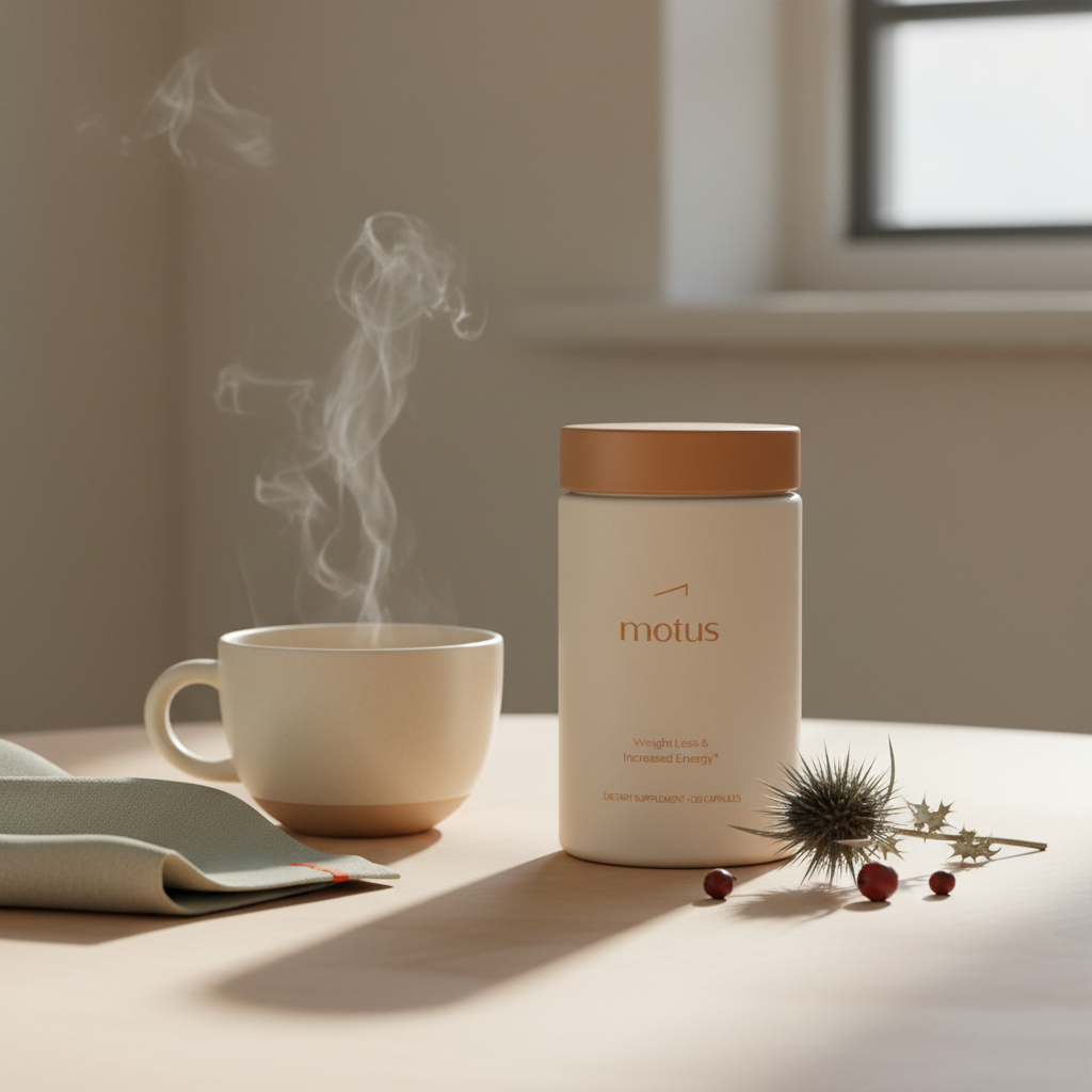 Motus supplement jar on a wooden table beside a steaming ceramic teacup, linen napkin and milk thistle sprig, minimalist Tonum styling for weight loss teas