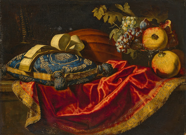 A mandolin with a book of music on a blue and gold cushion with fruit on a parti