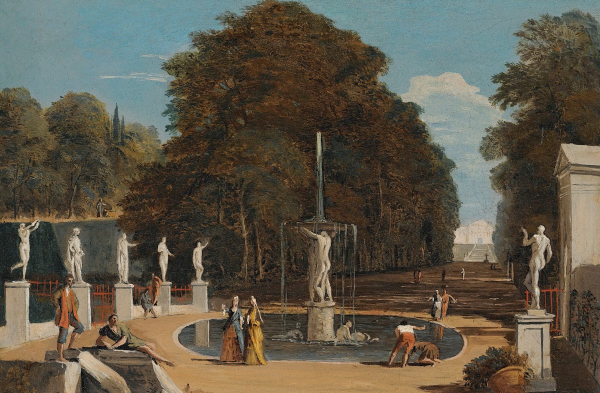 A Landscape With Figures Conversing In A Park Beside A Fountain