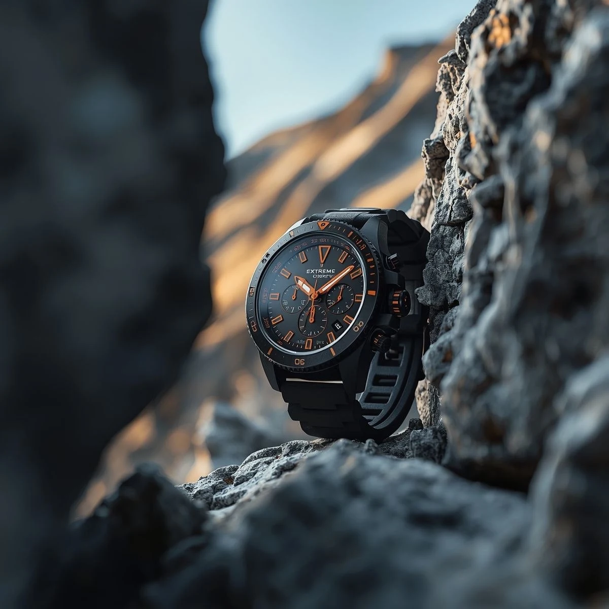 Un robusto reloj cronógrafo negro mate con llamativos detalles en naranja está enmarcado entre dos piezas de roca texturizada...