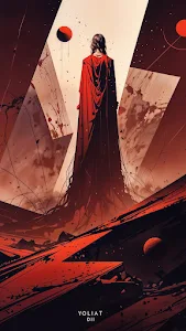 Red Cloaked Figure in Surreal Red Landscape