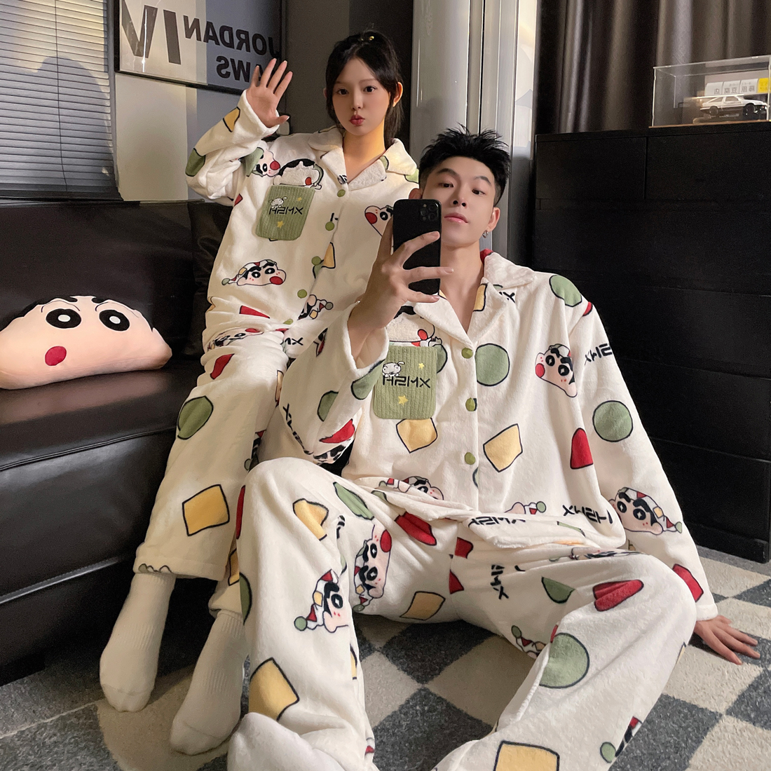 Lined Flannel Loungewear Set for Couples with Zipper