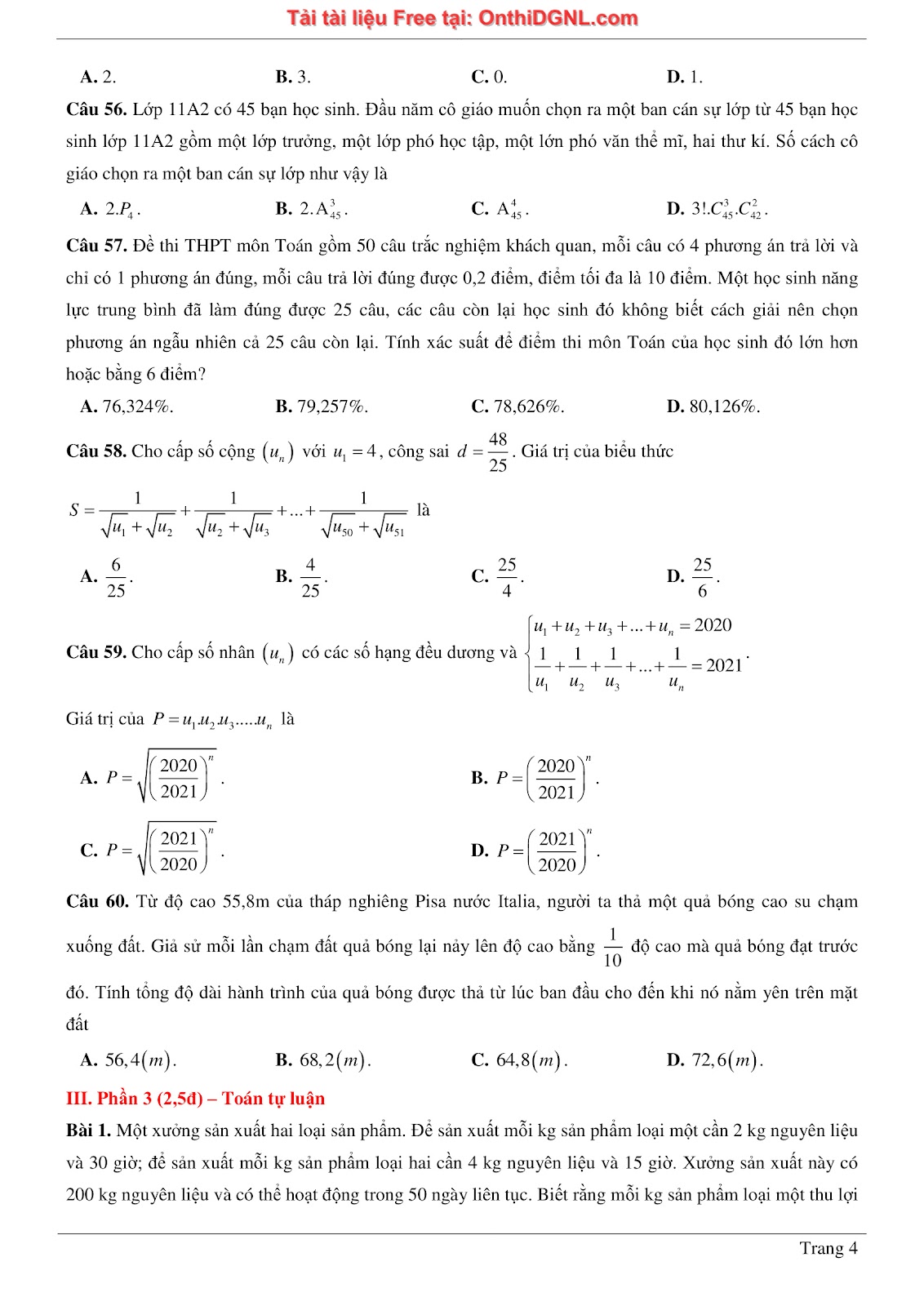 475 bài tập môn Toán - Ôn thi ĐGTD ĐH Bách Khoa Hà Nội Phần 5
