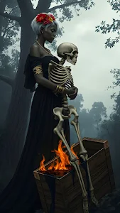Gothic Woman Holding Skeleton in Misty Dark Forest Scene