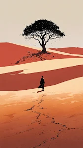 Lone Figure Walking Towards a Dark Tree in the Desert