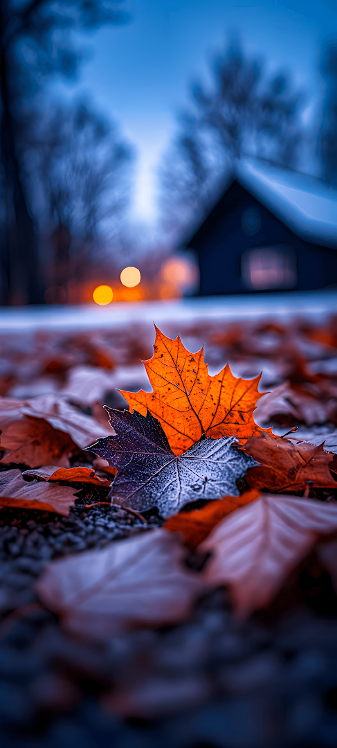 Vibrant Autumn Leaf on Frosty Ground at Dusk