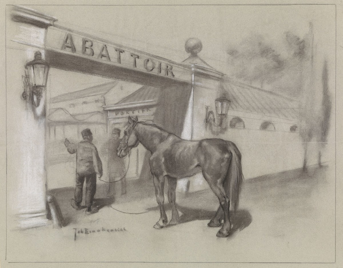 Man met paard voor de ingang van het abattoir
