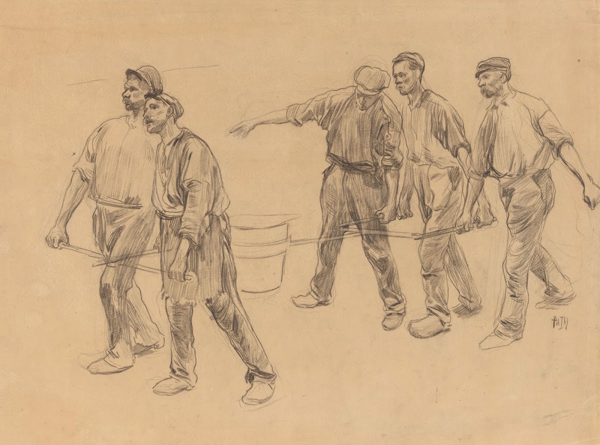 Vijf arbeiders die samen een bak gesmolten metaal dragen 19th century