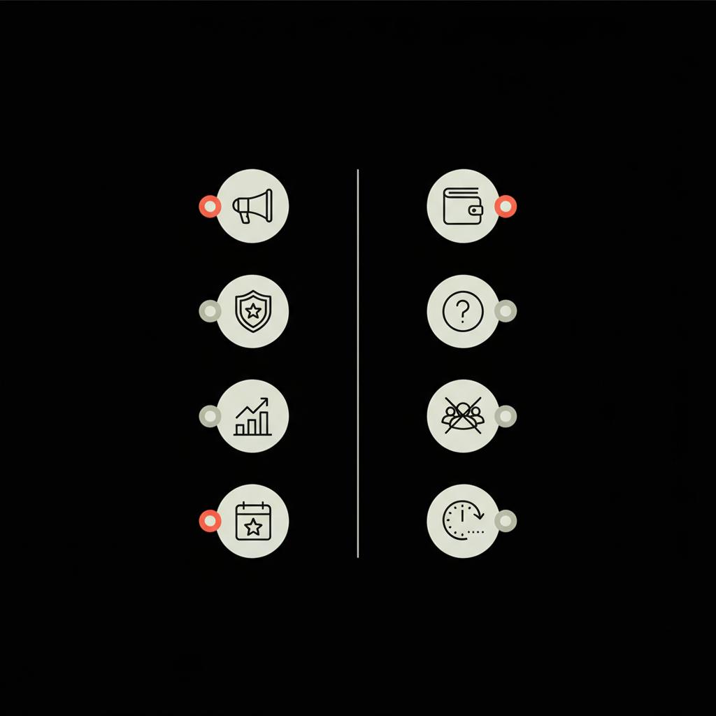 Minimal 2D vector comparison infographic showing what paying buys vs what paying doesn’t buy for pay for Forbes feature, two icon columns on black background using Social Success Hub palette.
