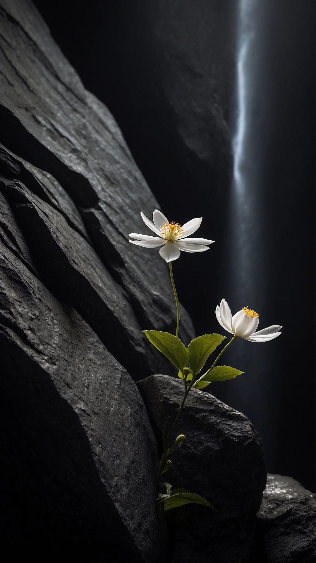 White Flower Blooming on Dark Rock Face - Free 4K mobile Wallpaper