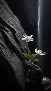White Flower Blooming on Dark Rock Face