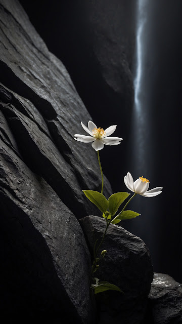 White Flower Blooming on Dark Rock Face - Free mobile Wallpaper