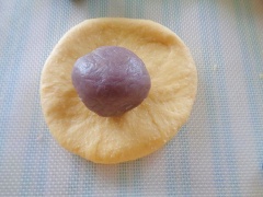 Bột mì, muối, men, đường trộn chung trong 1 cái âu. Sau đó cho sữa ấm, bơ và lòng đỏ trứng gà vào nhồi bột thật mịn không dính tay. Ủ bột 45 phút. Qua 45 phút bột đã nở. Lấy bột ra nhồi sơ lại và chia bột thành 4-5 phần nhỏ. Đè dẹp phần bột nhỏ cho nhân khoai lang vào vo tròn.