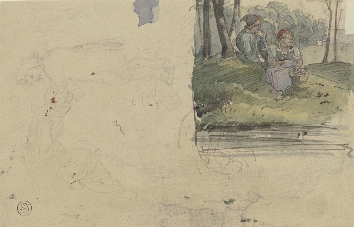 Studienblatt Figuren und ein Mädchen mit einem Jungen im Wald sitzend ca 1833