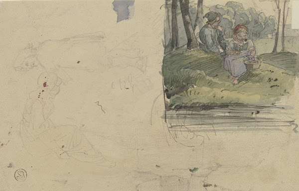 Studienblatt Figuren und ein Mädchen mit einem Jungen im Wald sitzend ca 1833