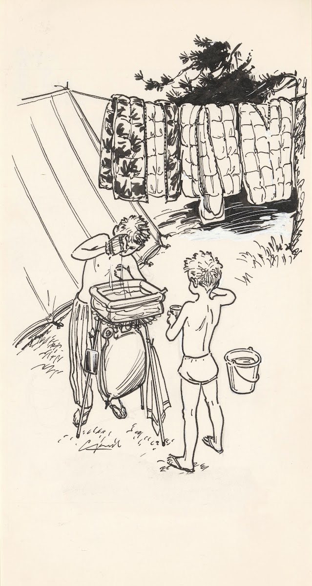 Zich wassende jongens op een camping 20th century
