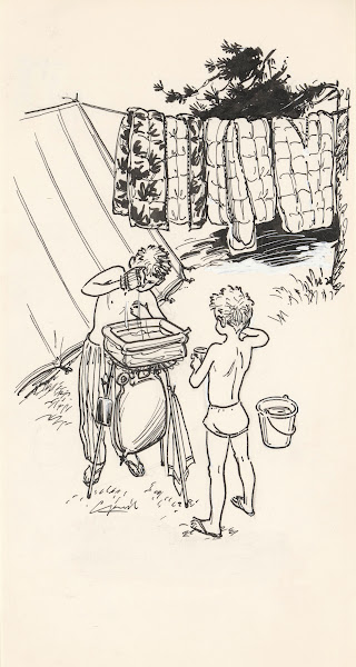 Zich wassende jongens op een camping 20th century