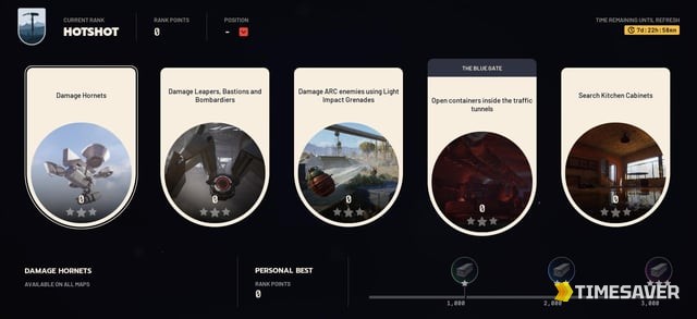 ARC Raiders weekly Trials challenge screen showing five objectives, rank, and point thresholds