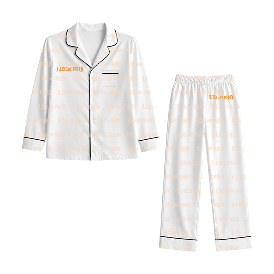 AOP Trimmed Full Length Adult Long Sleeved Pajama Set with One Pocket on Chest