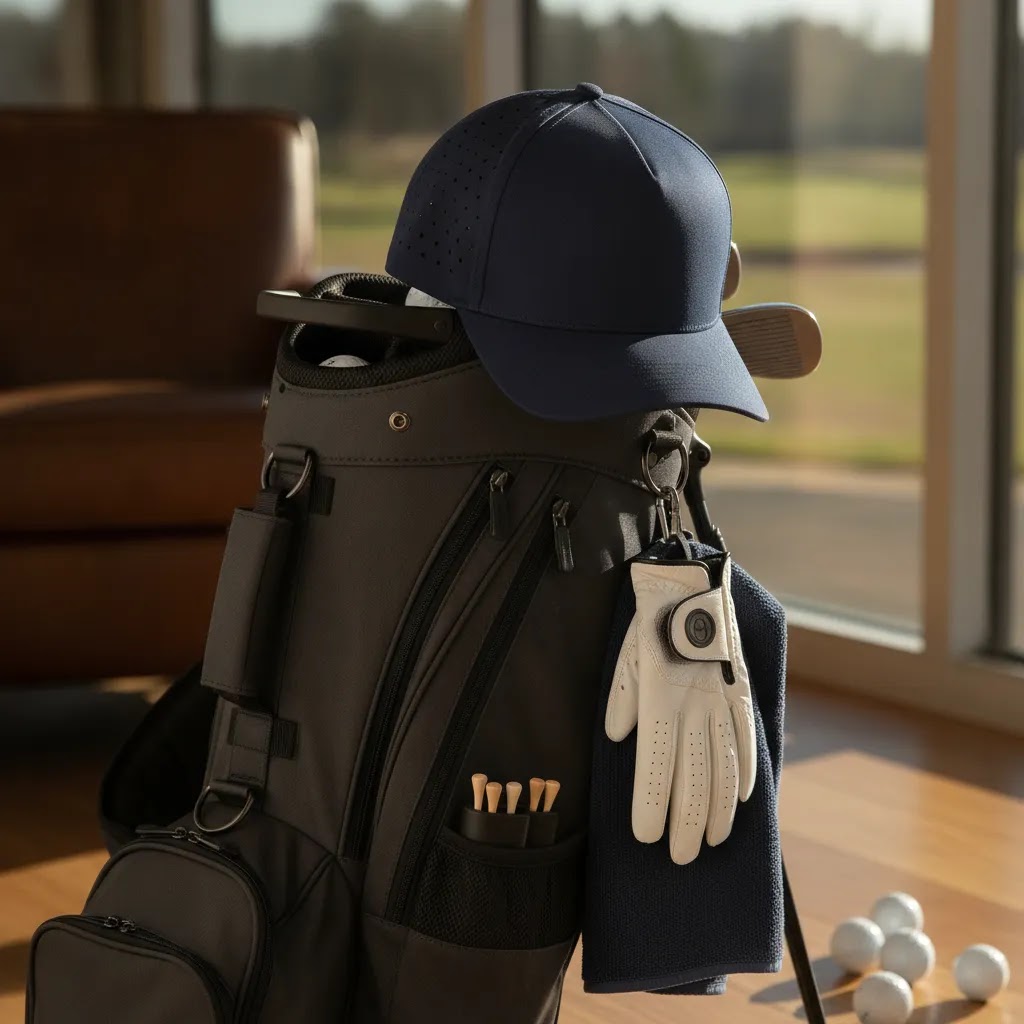 golf accessories for beginners in and around a golf bag with a navy performance hat