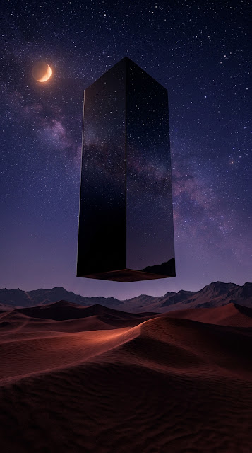 Black Obsidian Monolith Floating Over Red Sand Dunes at Night - Free mobile Wallpaper