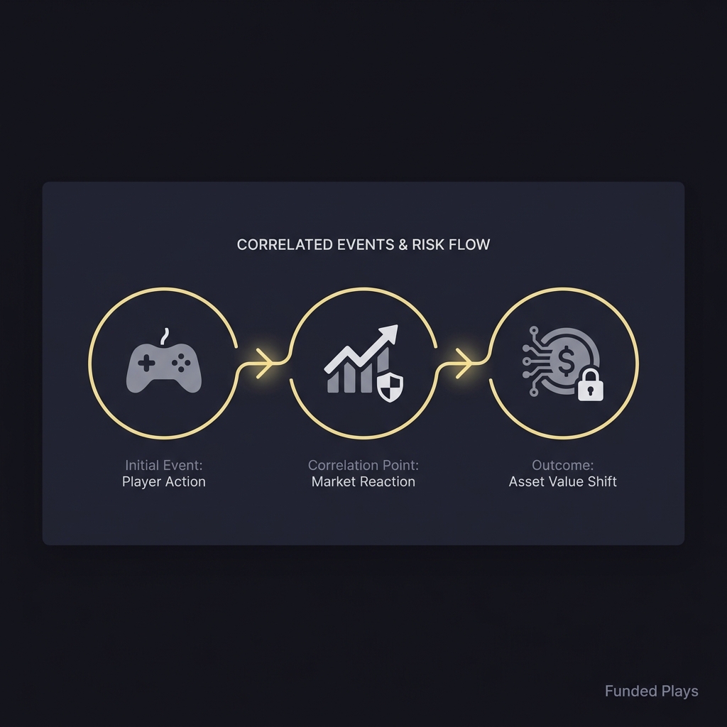 Minimalist full frame infographic showing three linked legs and directional risk flows for a single game on Funded Plays dark background sgp draftkings