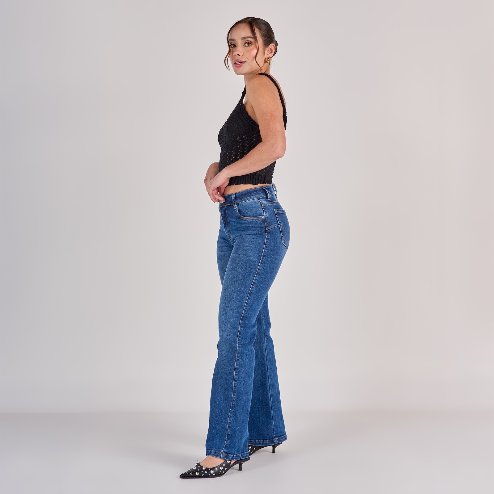 Jean dama flare tiro medio licrado, color Azul oscuro - Vista 2