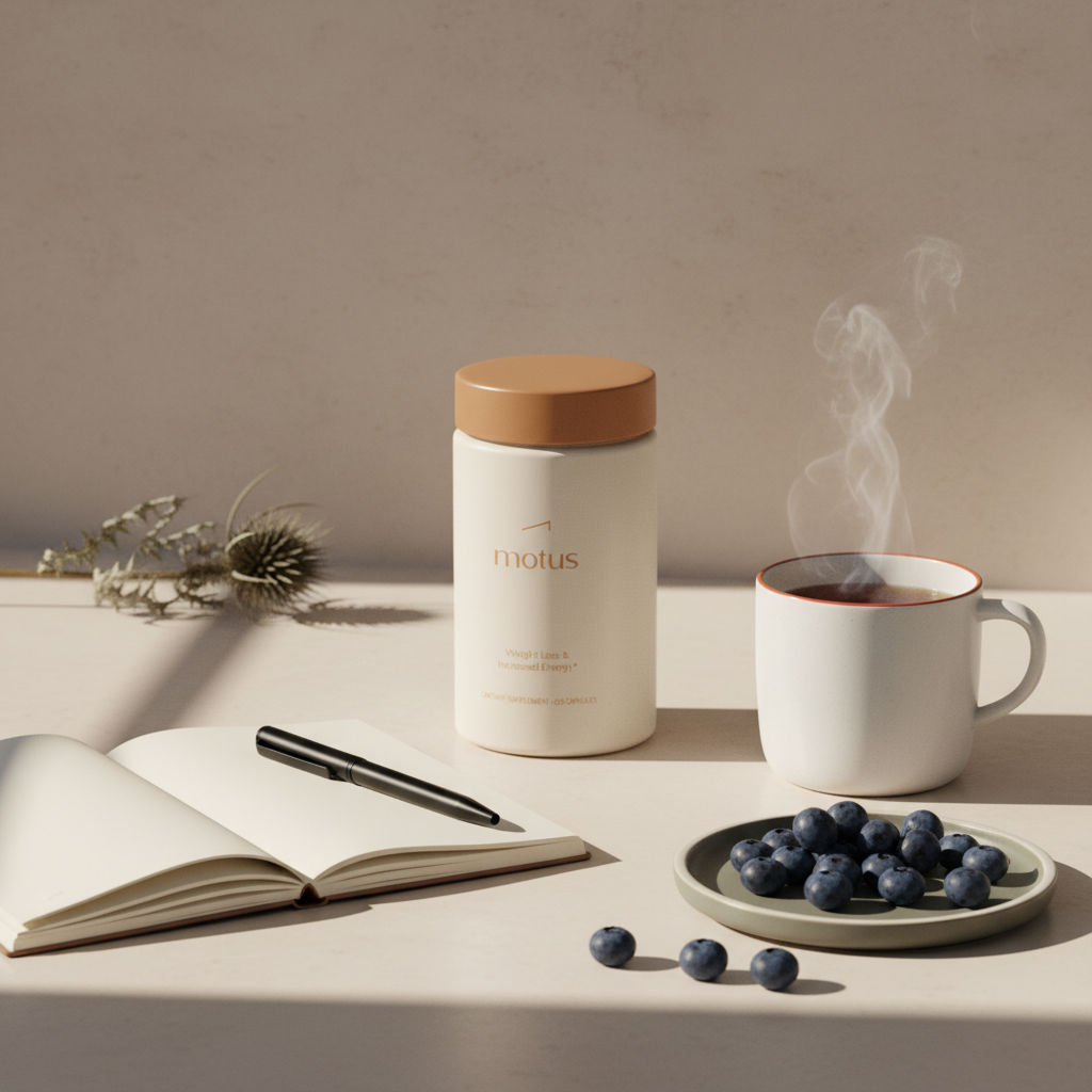 Minimalist kitchen scene with Tonum Nouro supplement jar near notebook, cup of tea, blueberries and milk thistle, promoting brain-support and mindful wellness — Prevagen