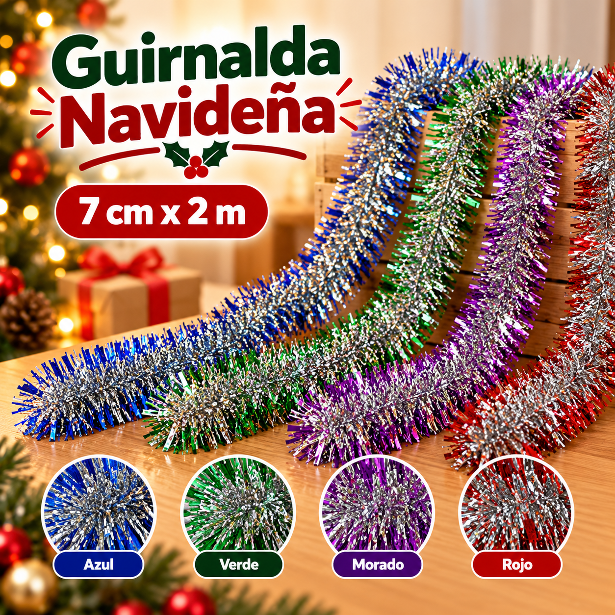 Guirnalda navideña de tinsel bicolor con puntas plateadas 7 cm x 2 m