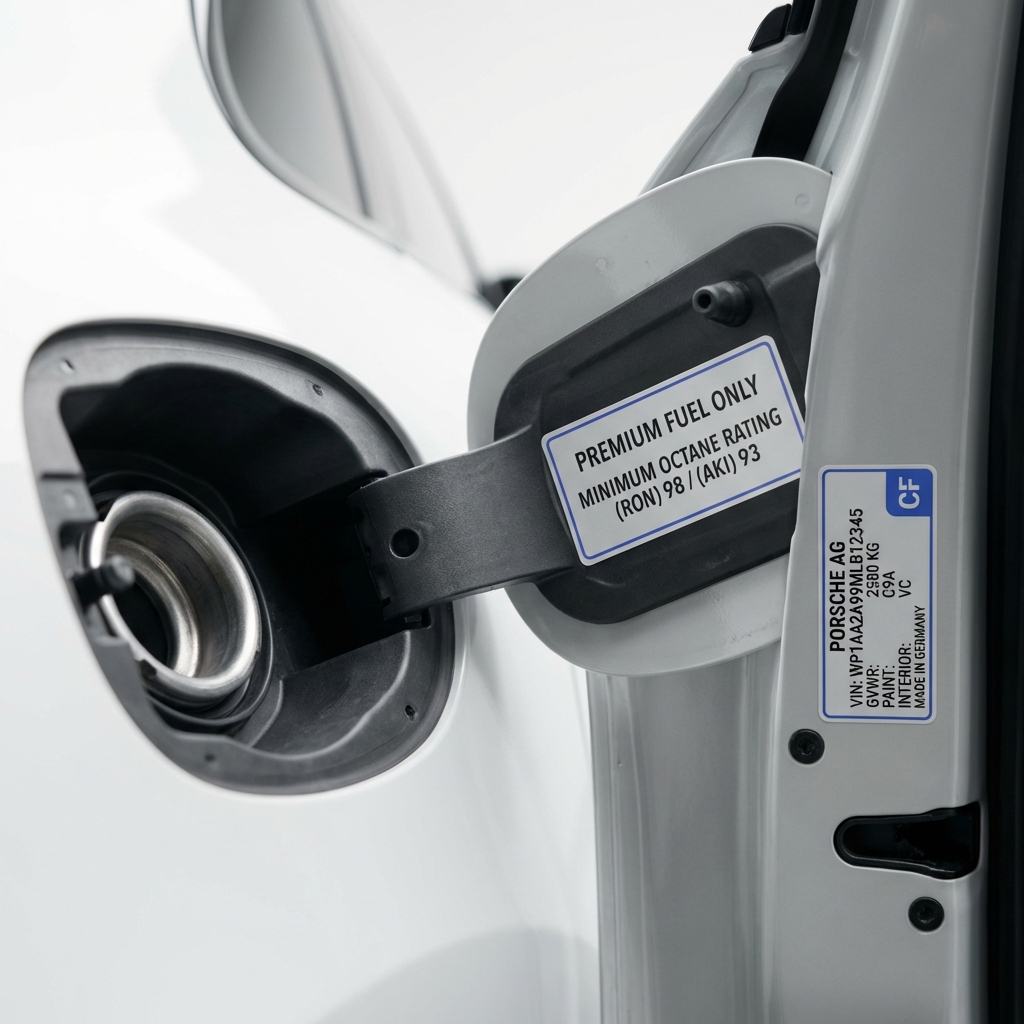 Close up of fuel filler cap and octane recommendation placard with visible VIN sticker on door jamb on a porsche macan for sale, clean white background and subtle blue accents