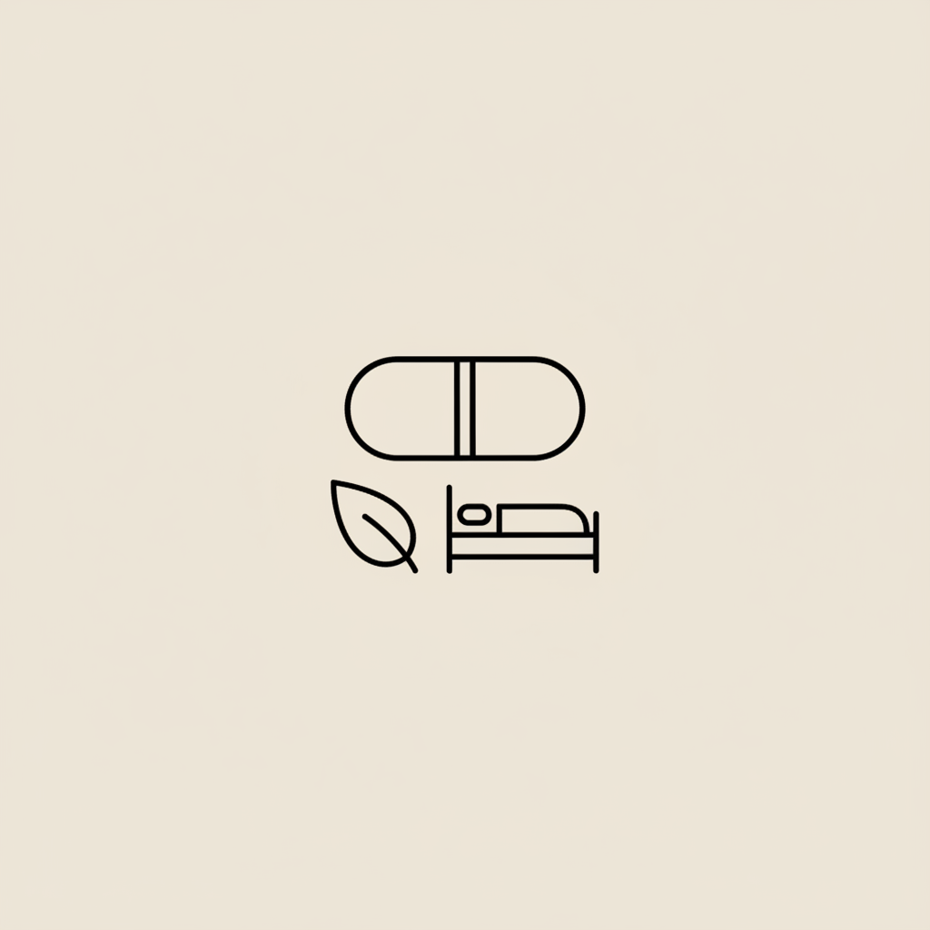 Minimal vector line illustration of a capsule, leaf, and bed clustered on a beige background, representing supplements, nature, and sleep for fast metabolism.
