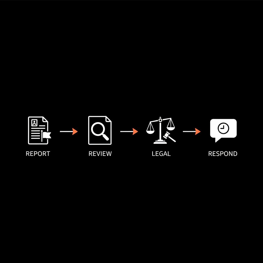 Minimal infographic of a four-step flow — Report → Review → Legal → Respond — to remove Glassdoor review, black background, white and orange accents.