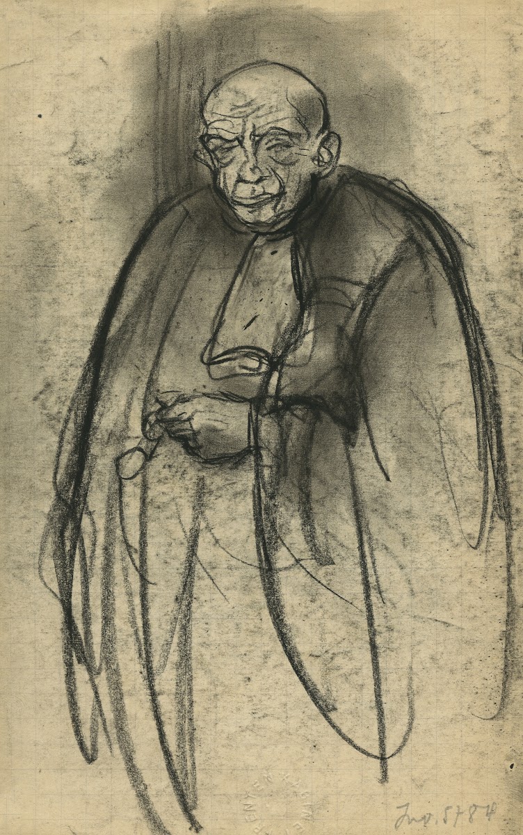 Portret van een staande man in toga vooraanzicht Handen samen op zijn buik