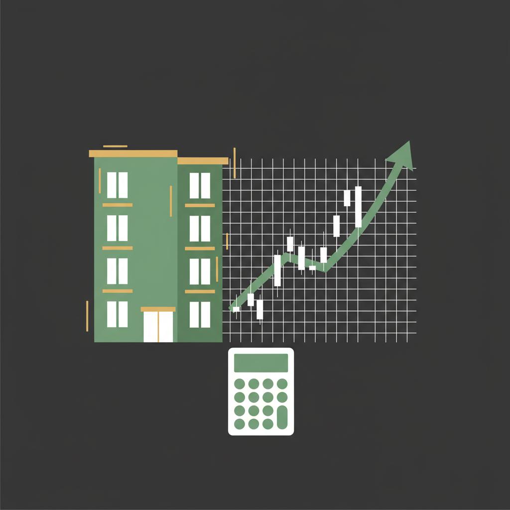 Minimalist 2D vector collage of an apartment building stock chart and calculator representing how to get into real estate investing on dark background #0f0f0f