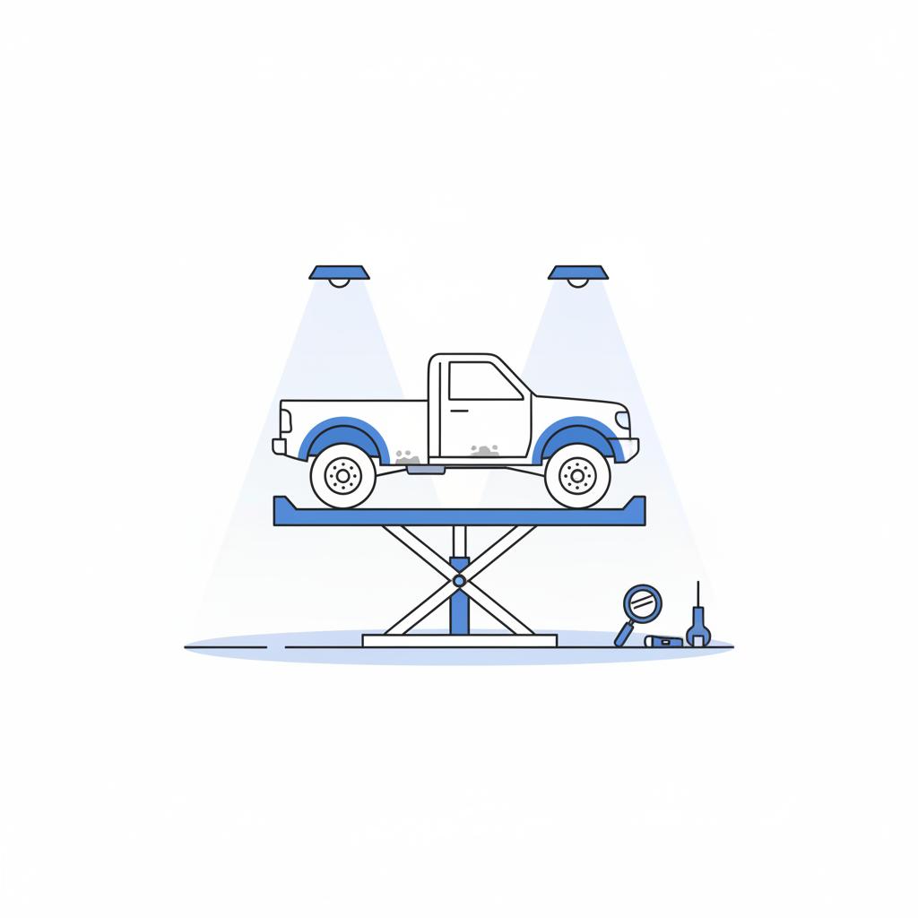Minimalist vector illustration of a raised truck chassis and suspension under shop lights highlighting corrosion areas in blue for toyota tundra used for sale