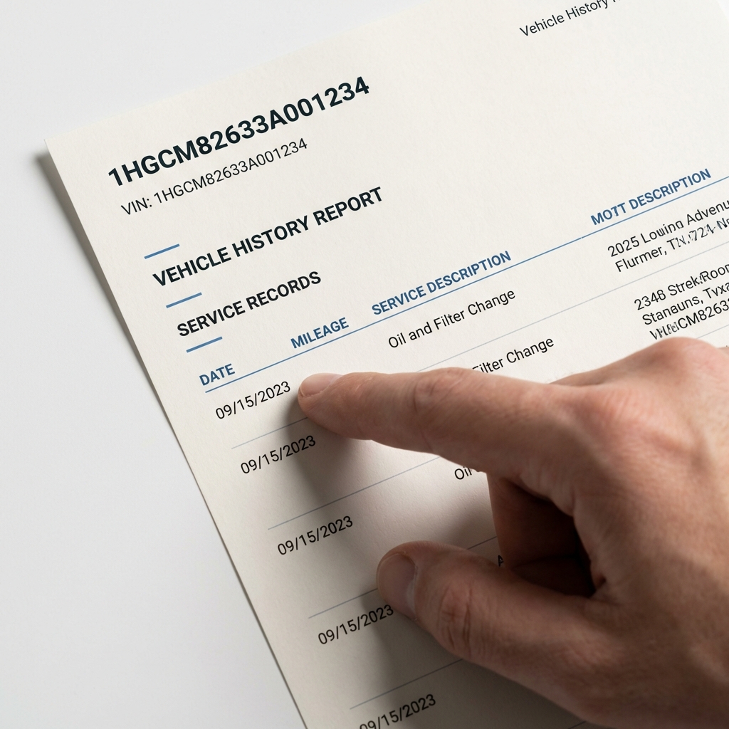 Close up printed vehicle history report with visible VIN and hand pointing at service entries on white background CarFax Deals style highlighting old cars for sale