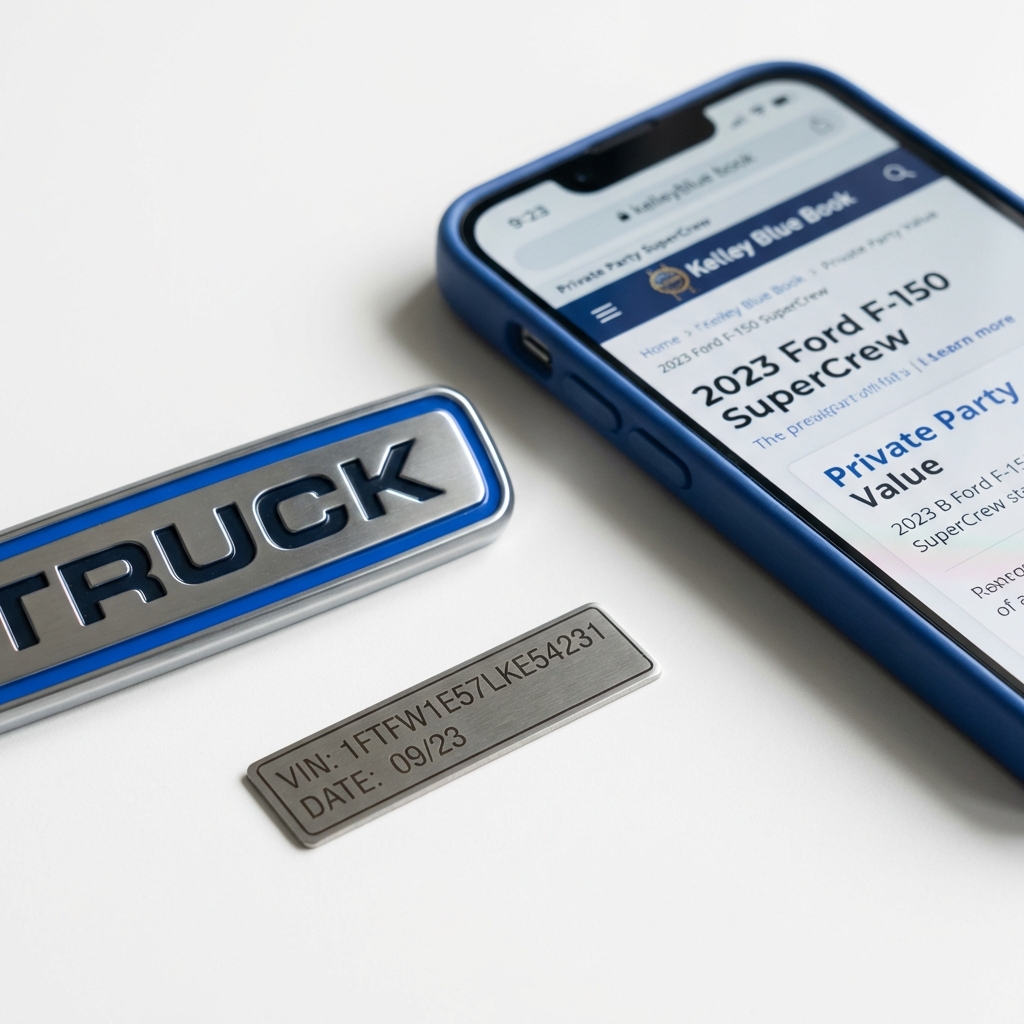 Close up truck badge and VIN plate with smartphone showing kelley blue book trucks lookup page on white background minimalist CarFax Deals aesthetic