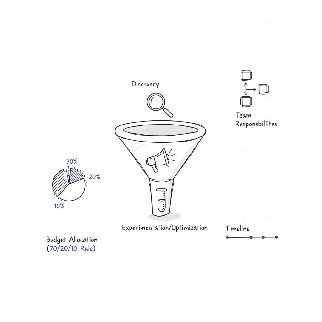 Vector flat-lay sketch of a three-stage funnel with icon-only stages (magnifying glass, megaphone, test tube) in Agency Visible colors, illustrating the 70/20/10 rule in media buying.