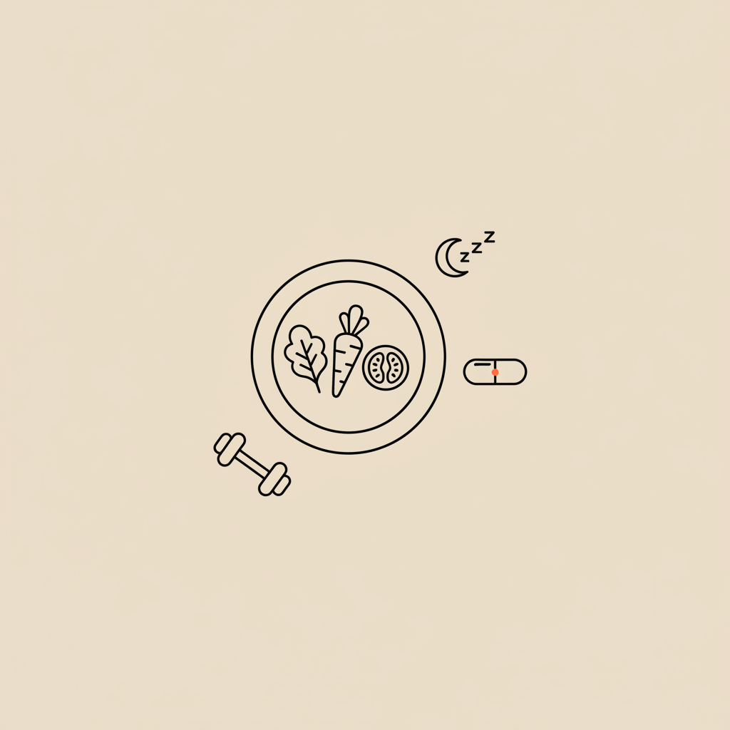 Minimal Tonum-style vector line illustration of a plate with vegetables, a capsule, a dumbbell and a sleep moon on beige background — what deficiency causes belly fat