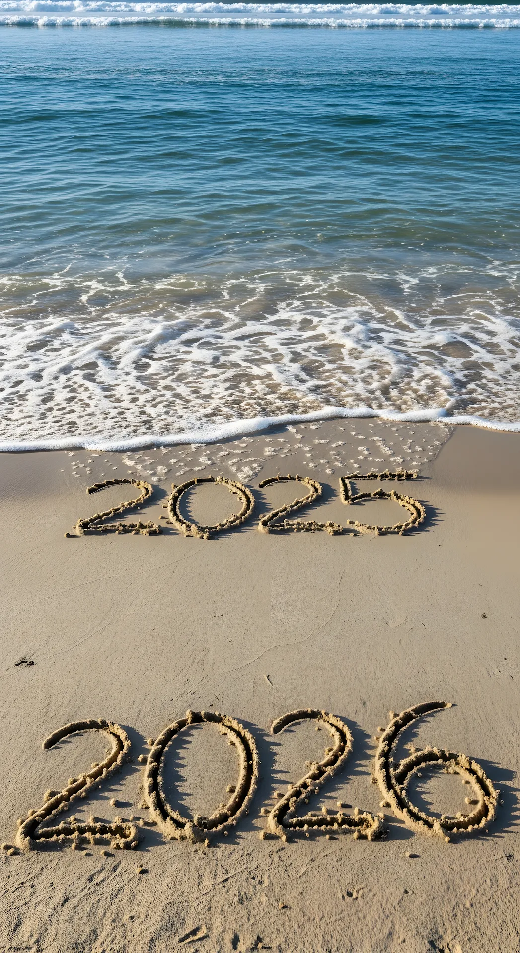 New Year 2026 Written Sand Beach Ocean Waves - Free 4K mobile Wallpaper