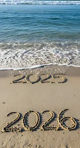 New Year 2026 Written Sand Beach Ocean Waves
