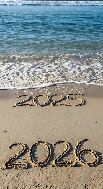 New Year 2026 Written Sand Beach Ocean Waves - Free mobile Wallpaper