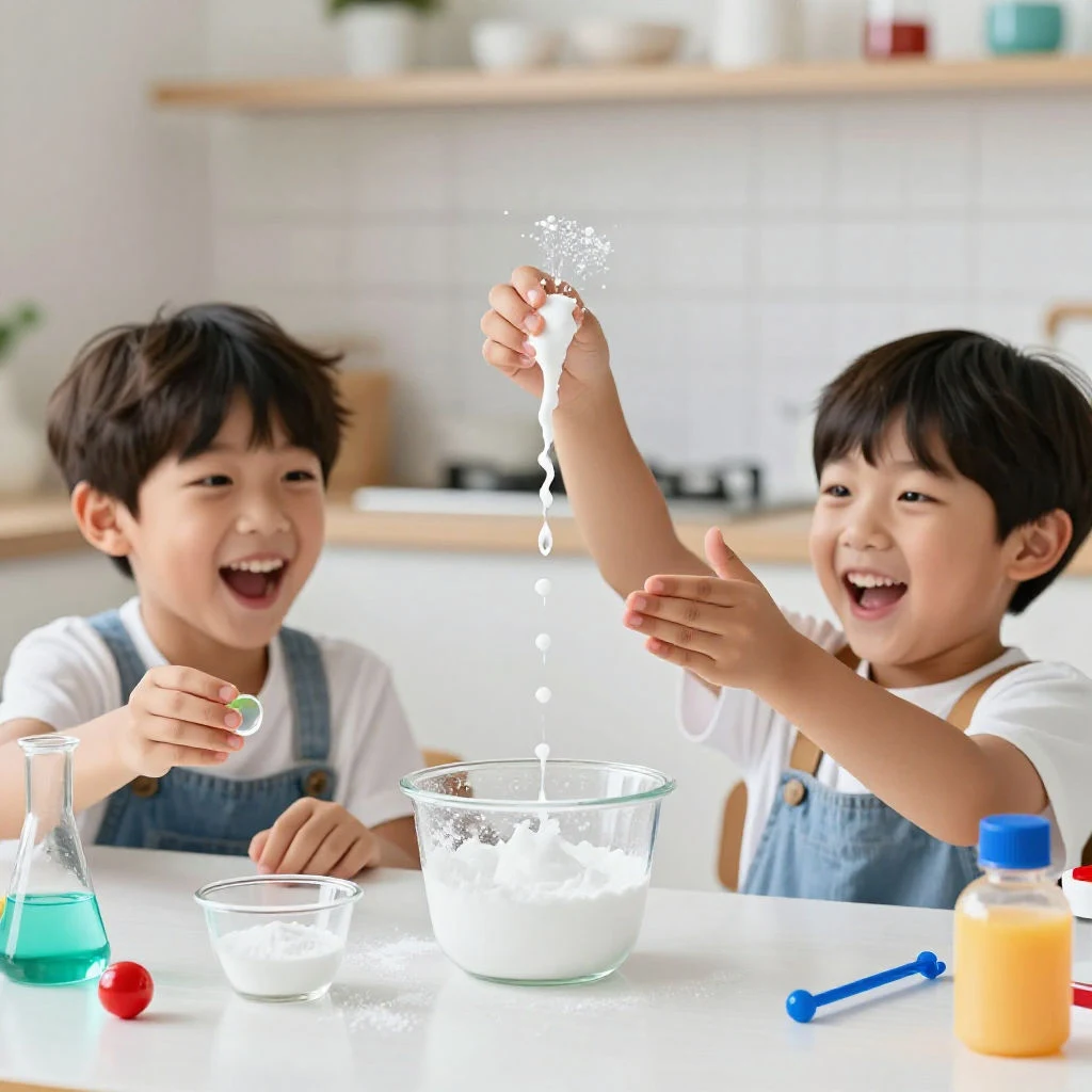 베이킹소다와 식초로 화학 반응 실험을 즐기는 초등학생들