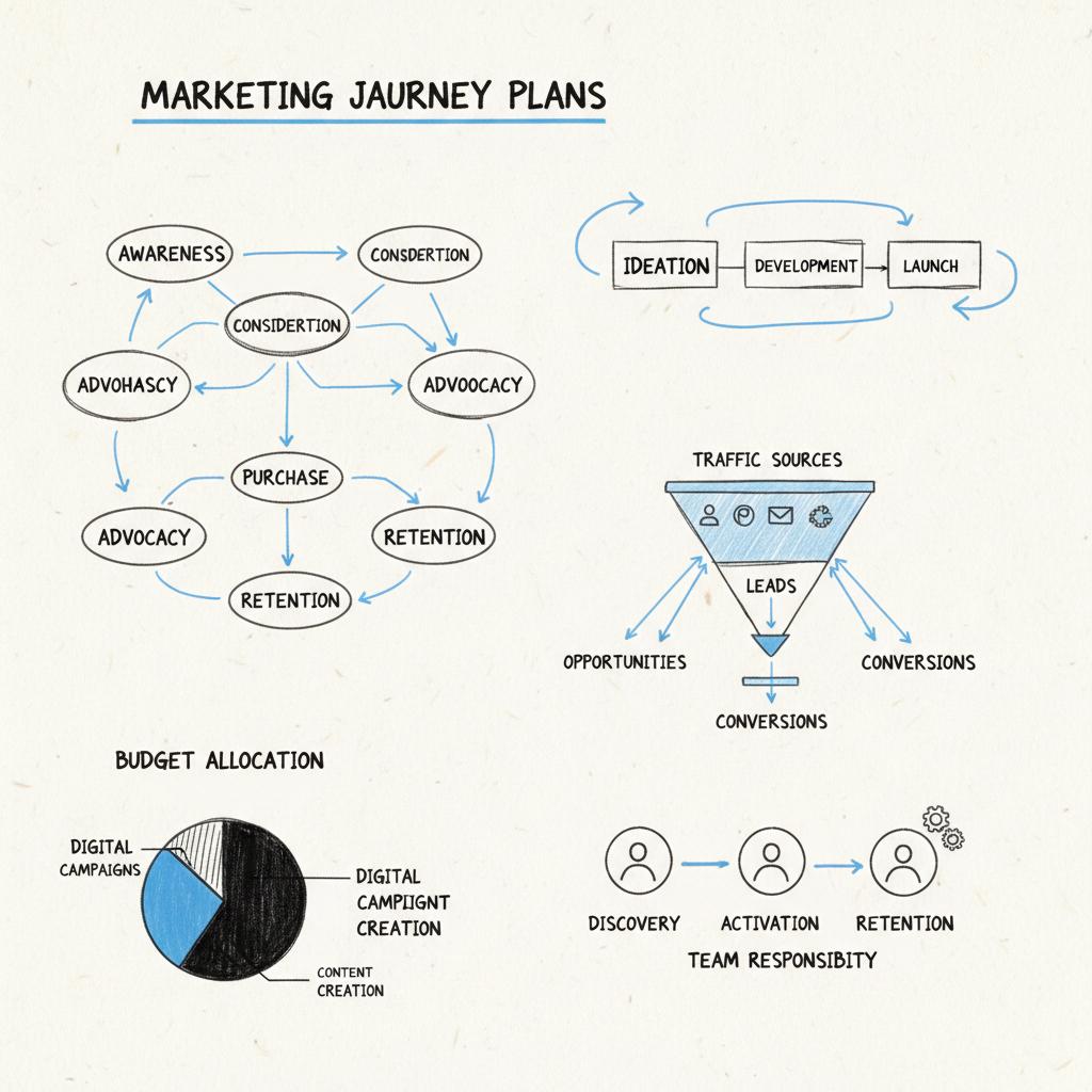 Notebook-style sketch of a customer journey map and marketing funnel with hand-drawn diagrams and icons for discovery, activation and retention; 5 C's of marketing concept.