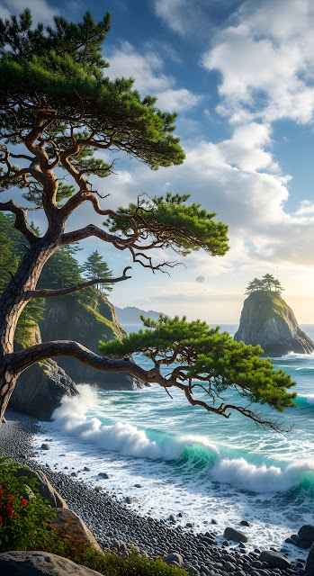 Bonsai Pine Overlooking Pacific Pebble Beach Coastline - Free mobile Wallpaper