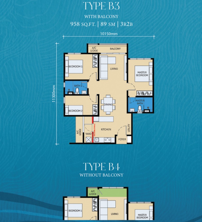 D'Evia Type B3 floor plan — 989 sq ft, 3 bedrooms