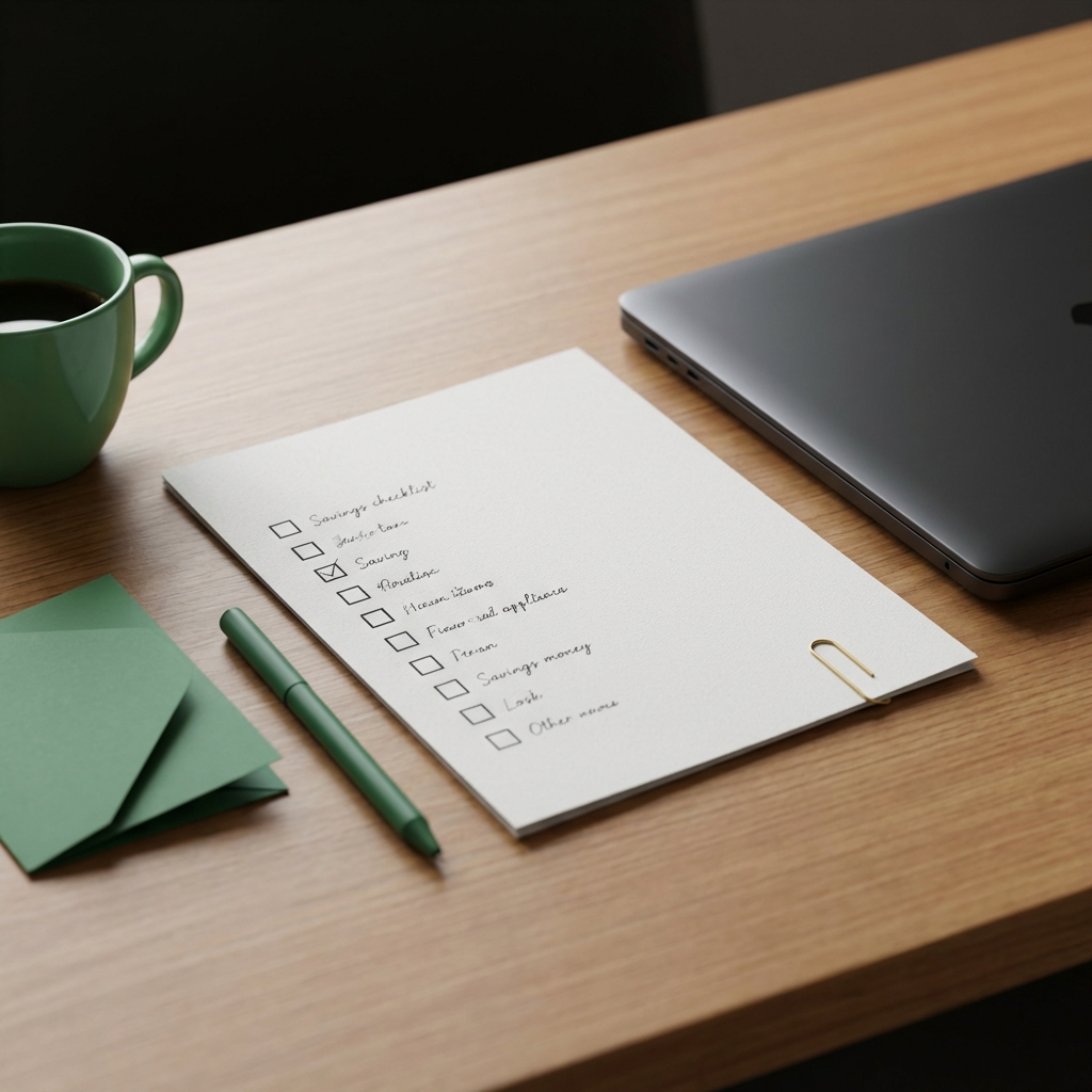 Minimalist close up of a savings checklist beside a laptop and coffee on a dark desk illustrating financial independence tips