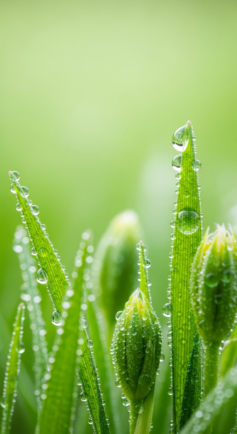 Extreme Macro Photograph of Fresh Green Grass and Buds Covered in Sparkling Dewdrops - Free 4K mobile Wallpaper